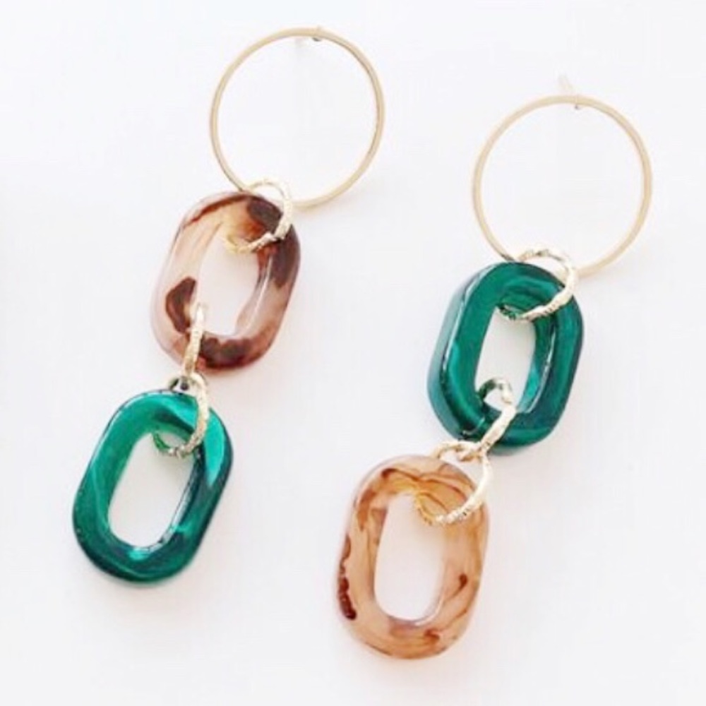 Jumbo Mega Link Green Tortoise Acrylic Earrings